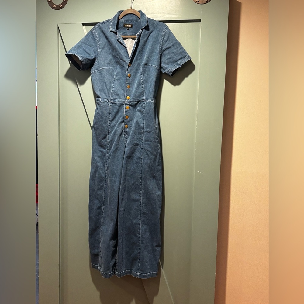 Denim Button-Front Jumpsuit - Blue